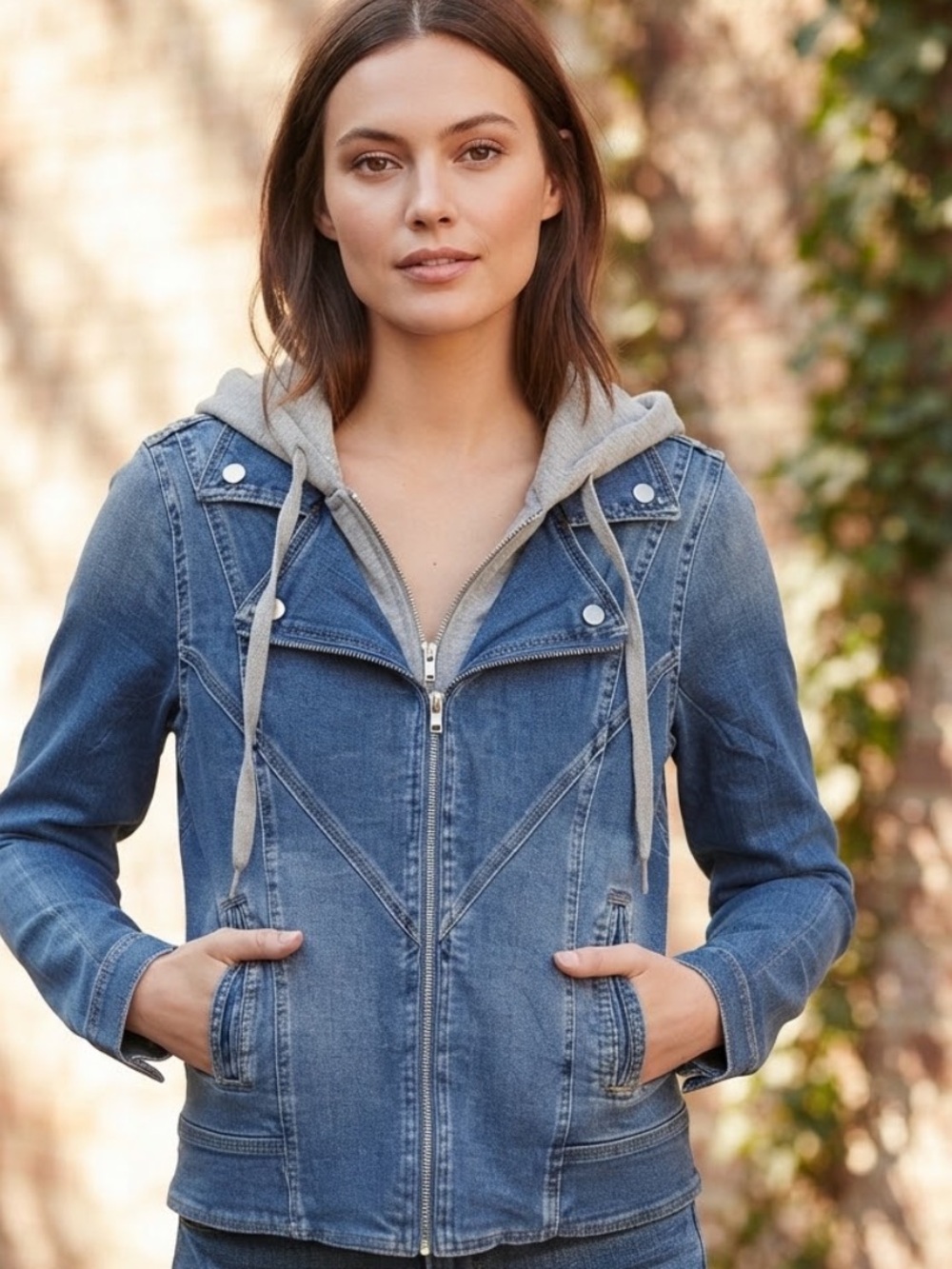 💕New! Risen Blue Denim Hooded Moto Jacket with Grey Lining